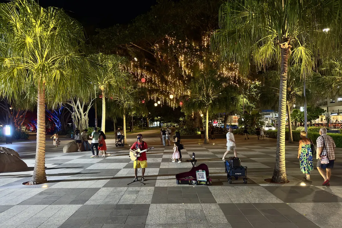Un músico callejero tocando la guitarra acústica en el paseo marítimo de Cairns por la noche, con palmeras iluminadas y un árbol engalanado con luces detrás de él.